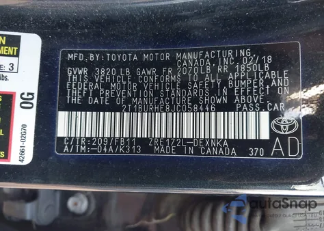 2018 Toyota Corolla Le z USA, uszkodzony, nr VIN 2T1BURHE8JC058446